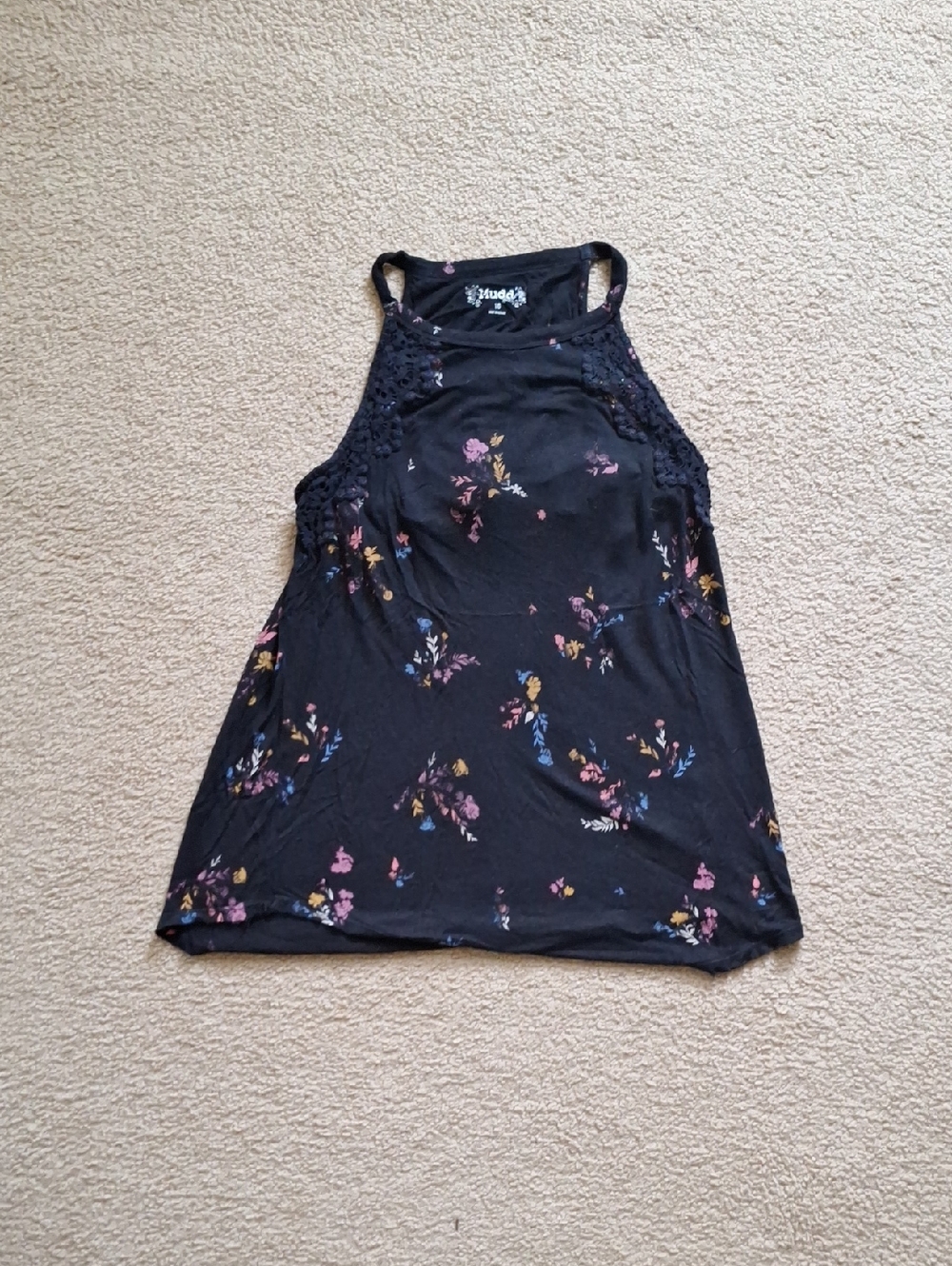 Black Floral Lace-Trim Halter Tank Top